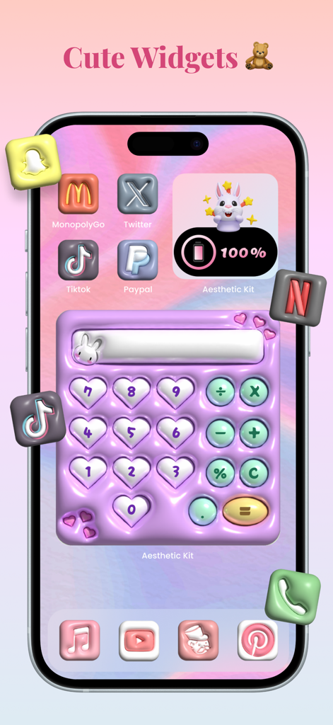 Aesthetic Kit: Photo Widget - Pantalla de inicio de iPhone con bonitos widgets y iconos de apps pastel en 3D