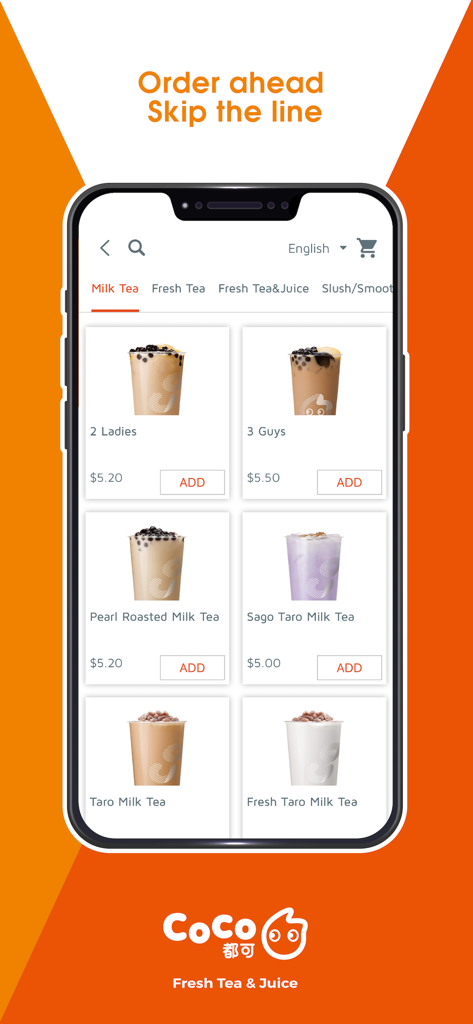 CoCo Bubble Tea Ontario - Interfaz del menú de la aplicación CoCo Bubble Tea Ontario que muestra opciones de té con leche y precios para pedidos móviles