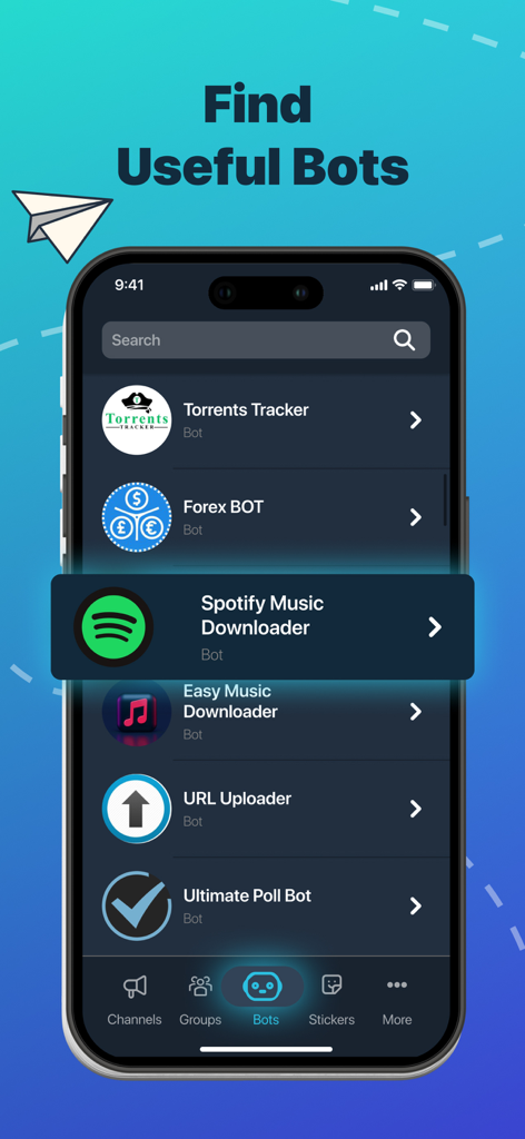 Telegram Channel Hub Group App - Interfaccia dell'app di scoperta Telegram che mostra un elenco di bot utili