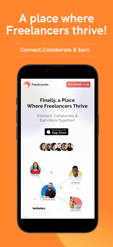 Feedcoyote: Freelance & Earn - Feedcoyote mobile app interface displaying a network of freelance professionals connecting and collaborating