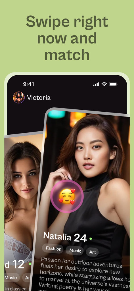 AI Girlfriend - Spicy Chat - A mobile app screen showing a swipe and match interface for virtual AI girlfriends.