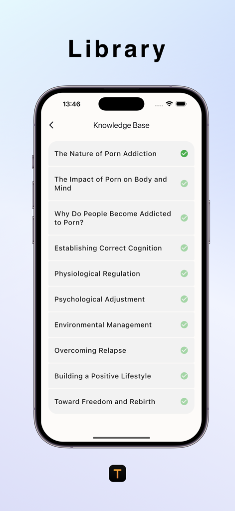 Transform: Quit Porn & Fap - La biblioteca de la aplicación Transform que muestra artículos educativos sobre recuperación de adicciones y bienestar mental.