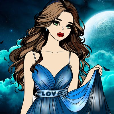 realistic girl in flowy silky prom dress