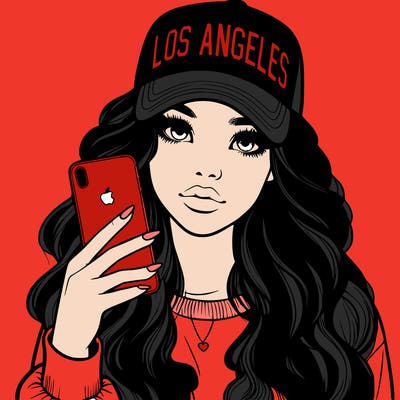 realistic beautiful girl wearing los ángeles cap holding an iphone