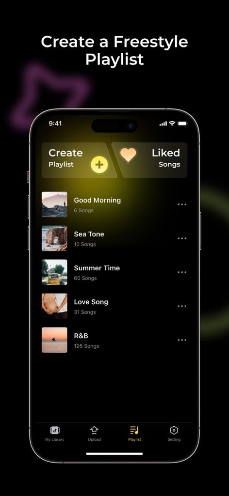 Offline Music MP3 Music Player - Snap Player app interface showing the freestyle playlist creation screen with a list of music categories like Summer Time and R&B