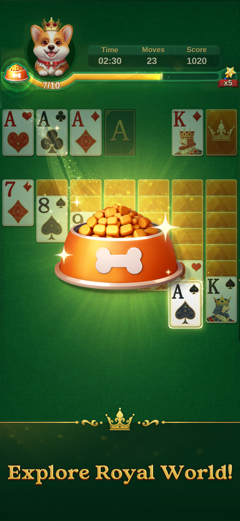 Jenny Solitaire - Card Games - ロイヤルコーギーのキャラクターと大きめのドッグボウル報酬を特徴とする、クラシックソリティアゲームインターフェース。