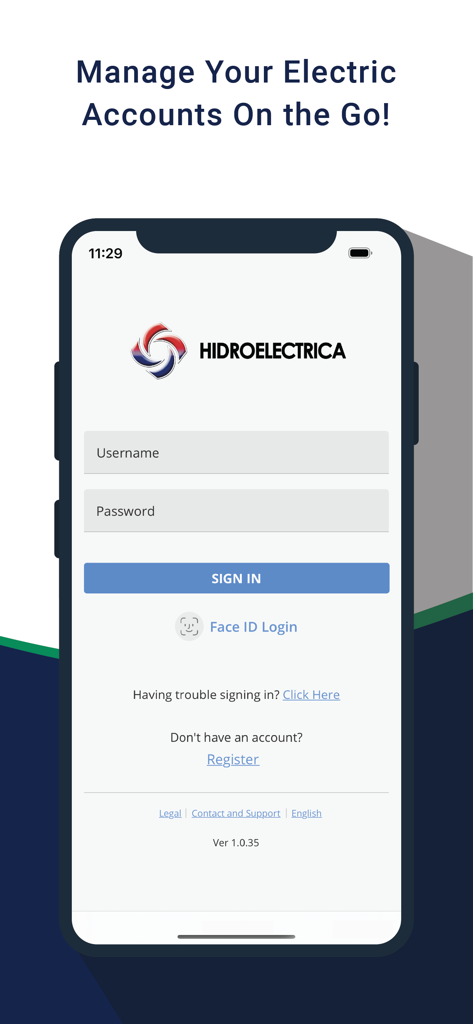 iHidro app login page with fields for username and password to manage electric accounts