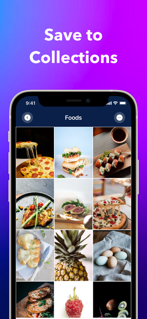 TicDown: Tic Video Saver - TicDown app interface showing a grid of saved food photos in a collection titled Foods