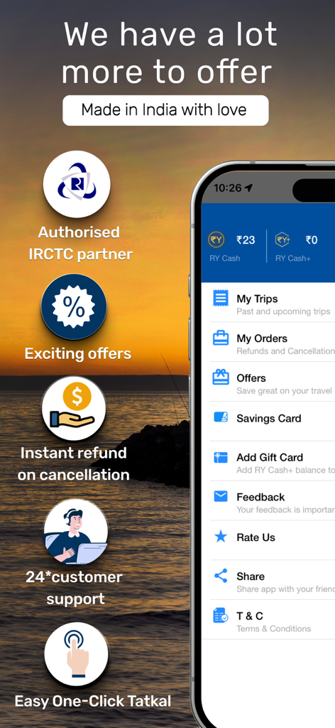 RailYatri app interface showing IRCTC authorized partner badge and features like instant refunds and customer support