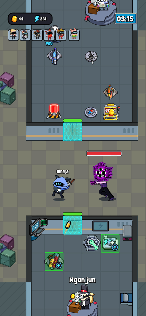 Galactic Dorm - Gameplay of Galactic Dorm showing characters defending their rooms from a purple monster attack.