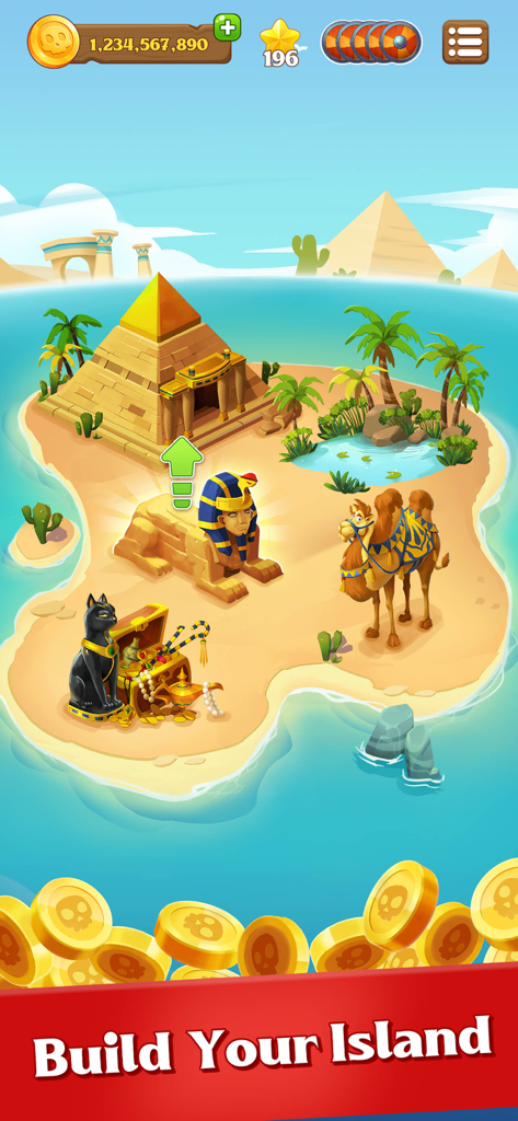 Gameplay screenshot of Pirate Master showing an Egyptian themed island with a pyramid and sphinx