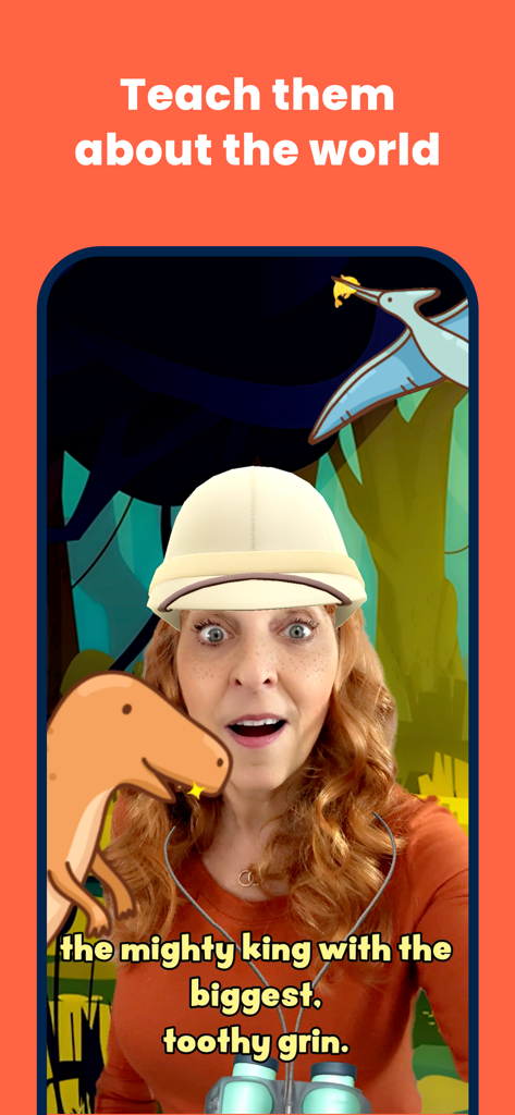 A woman reading a dinosaur story using a safari hat AR filter in the Zoog app
