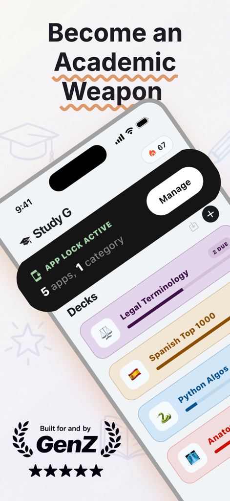 Study G: Student App Blocker - Interfaz de la aplicación móvil Study G que muestra un estado de bloqueo de aplicaciones activo y varios mazos de tarjetas de memoria para estudiar