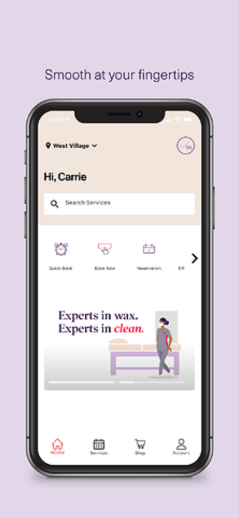 The home screen of the European Wax Center app featuring quick book and reservation options