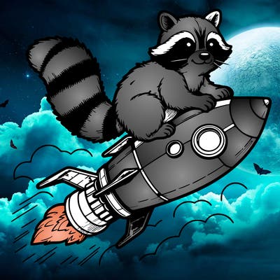 realistic raccoon flying on top rocket ship