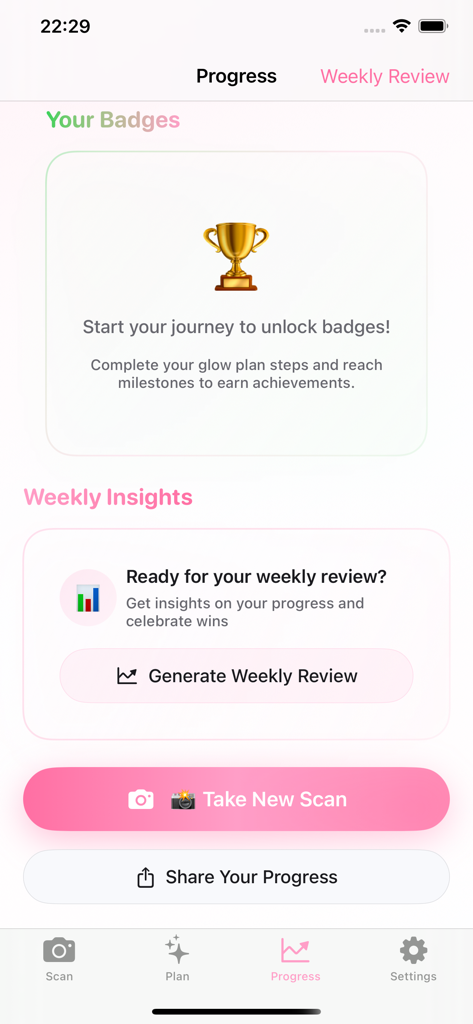 Pretti - Become Attractive - Die Fortschritts-Tracking-Oberfläche der Pretti-App, die Abzeichen und wöchentliche Überprüfungsoptionen zeigt.