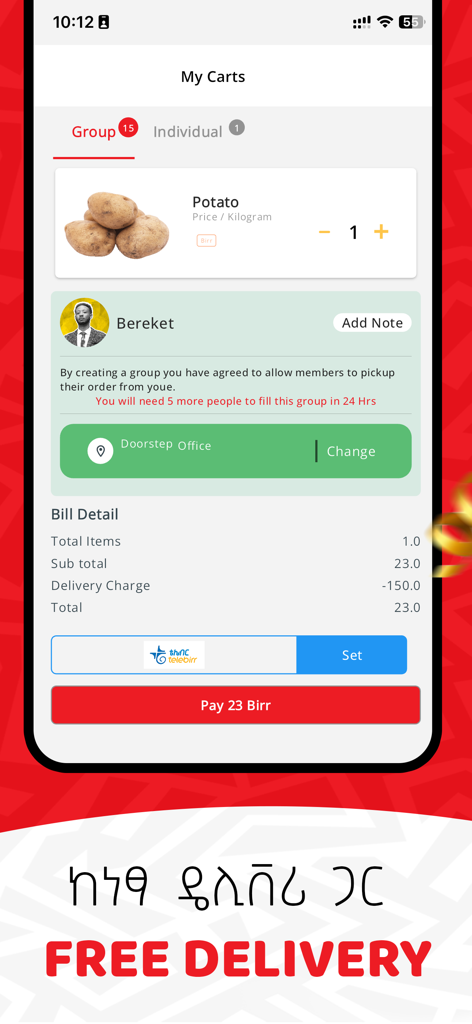 Pantalla de pago de la aplicación móvil ChipChip que muestra un carrito de compras grupal con descuentos de compra colectiva y un banner de entrega gratuita