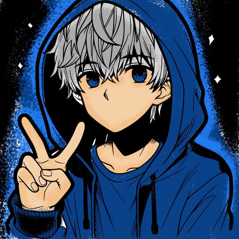 teenage manga boy in a hoodie, doing ✌