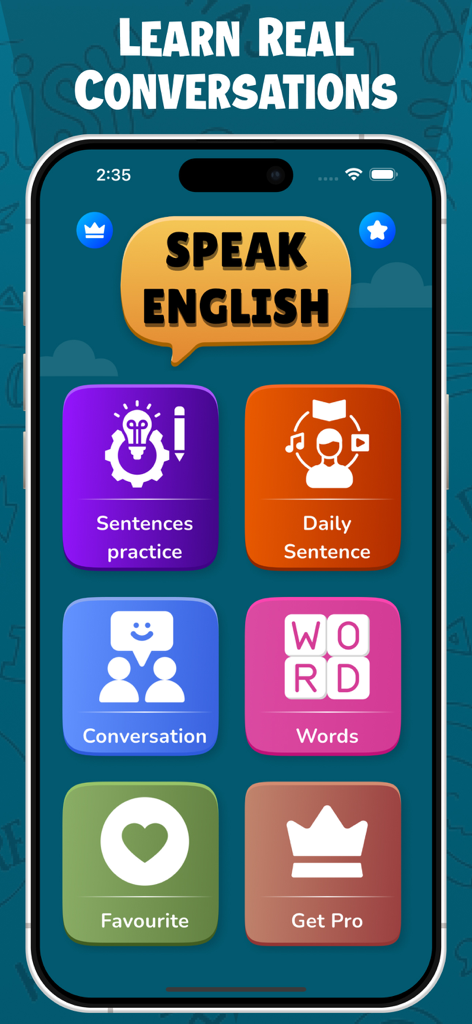 Speak English Fluently 2026 - Main menu of the Speak English Fluently 2026 app featuring sentence practice, daily sentences, conversation, and word lessons.
