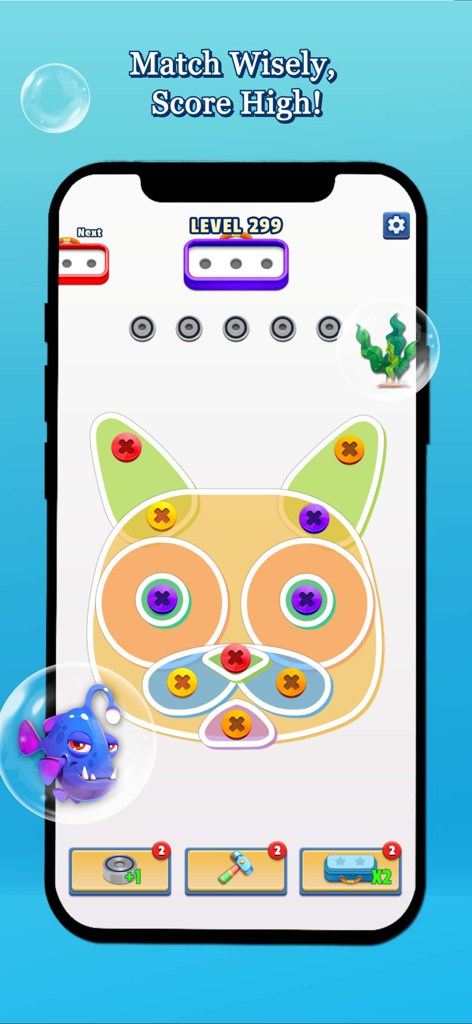 Screw Ocean: Match Revolution - Una pantalla de juego móvil de Screw Ocean mostrando un rompecabezas con forma de gato con tornillos de colores y un tema submarino