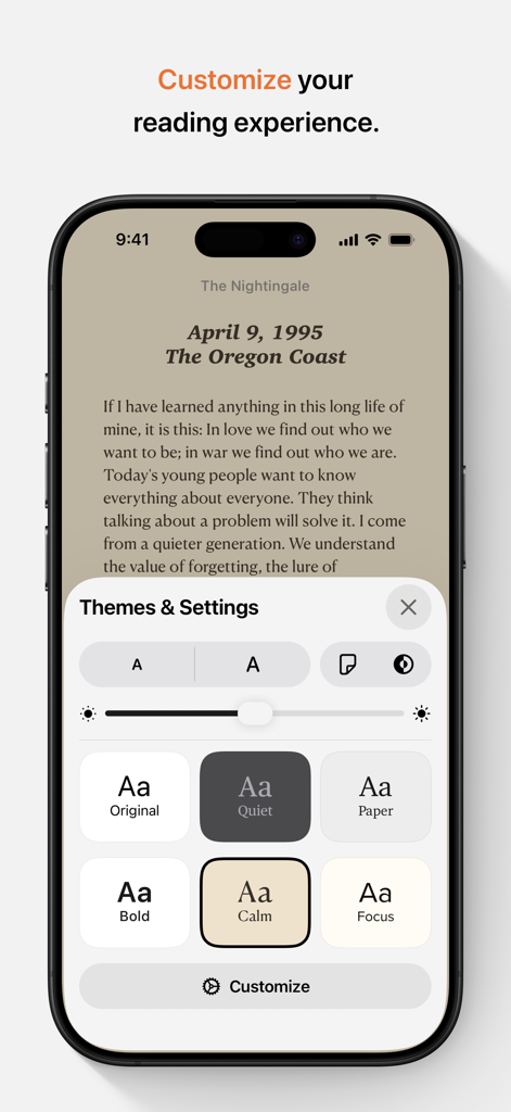 iPhone上のApple Booksアプリのインターフェース。電子書籍の読書テーマとフォントカスタマイズ設定が表示されています。