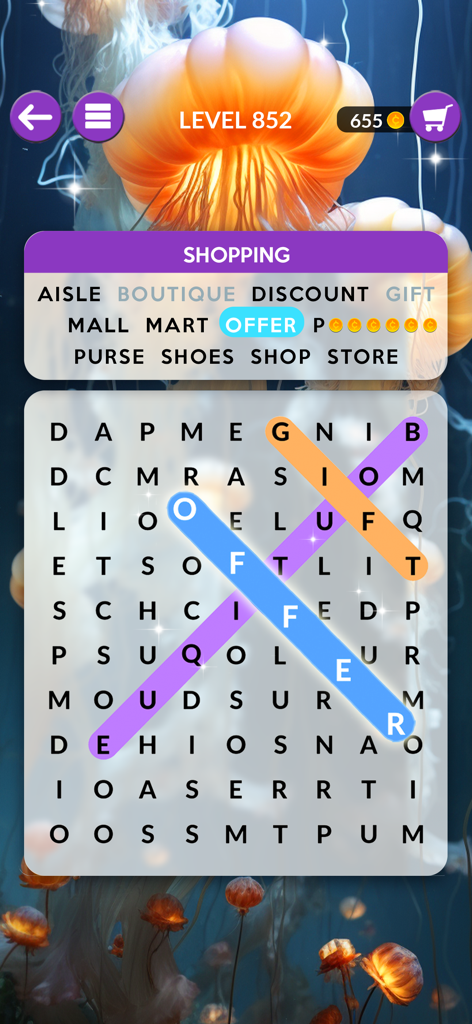 Ein Wortsuchrätsel von Wordscapes Search mit einem Shopping-Thema und einem entspannenden Unterwasser-Quallen-Hintergrund