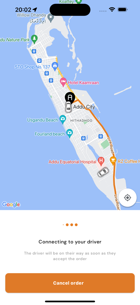 MyTaxi 4646 - Interface de l'application MyTaxi 4646 montrant une carte de la ville d'Addu avec les taxis disponibles et un statut de connexion au chauffeur.