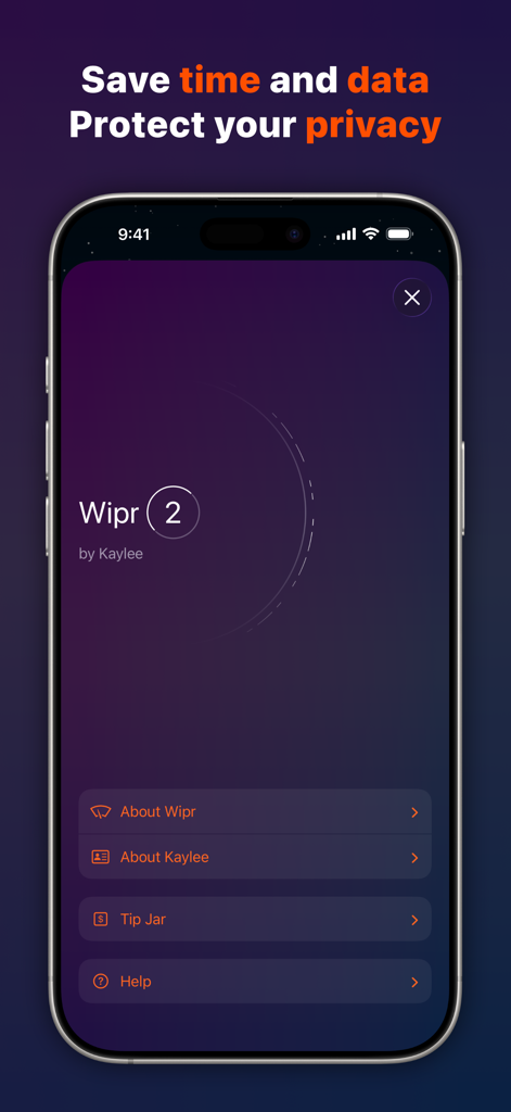 Wipr 2 - Wipr 2 mobile app interface showing privacy protection and data saving features on iPhone