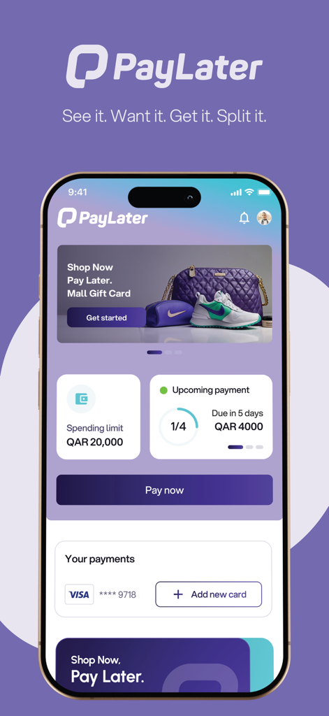 iPhoneのPayLaterアプリのダッシュボードに、利用可能限度額と今後の分割払いが表示されます。