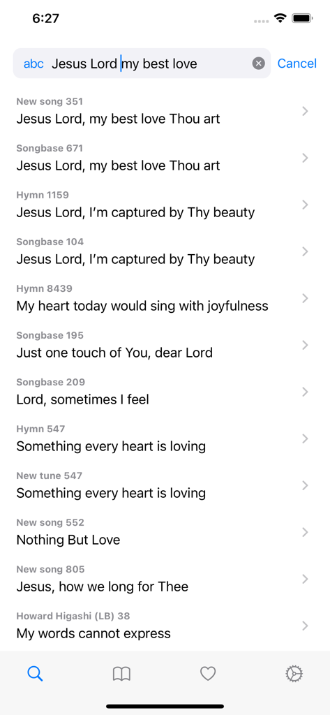 Hymns Mobile - Hymns Mobile app search screen showing a list of hymn results for the search query Jesus Lord my best love