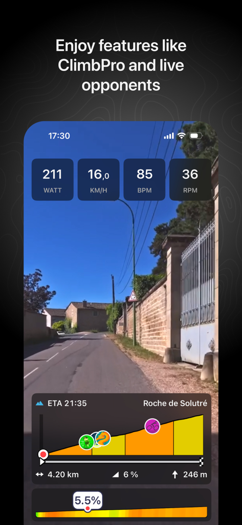 Tacx Training app displaying a virtual cycling route with real time performance metrics and live opponents