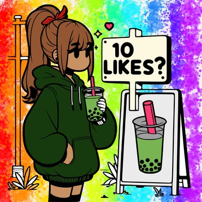 girl with oversized hoodie drinking boba and she has a high ponytail with a sign that says 10likes?