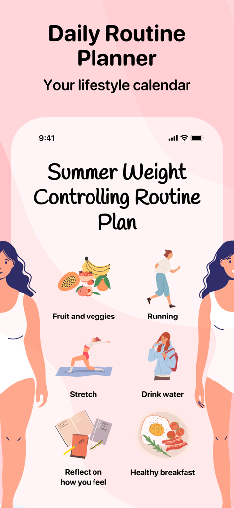 Me+ Lifestyle Routine - Interfaccia dell'app Me Plus che mostra una routine di controllo del peso estiva con icone per alimentazione sana ed esercizio fisico