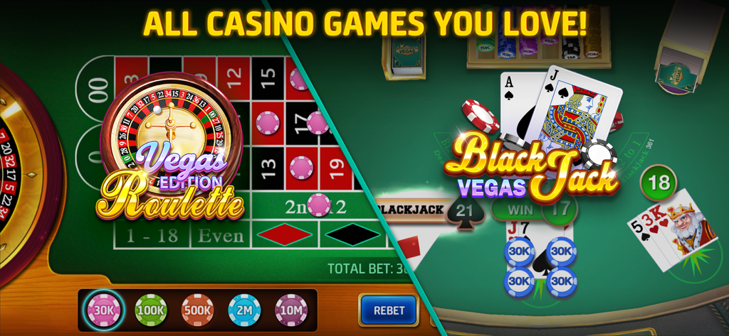 Un écran mobile montrant des jeux de roulette et de blackjack style Vegas avec des jetons de mise.