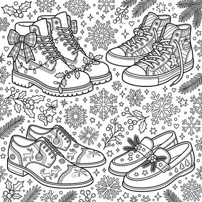 Get ready to color a unique collection of men's footwear, all decked out for the holiday season! This festive page features boots, sneakers, and dress shoes adorned with charming Christmas motifs, perfect for spreading cheer.