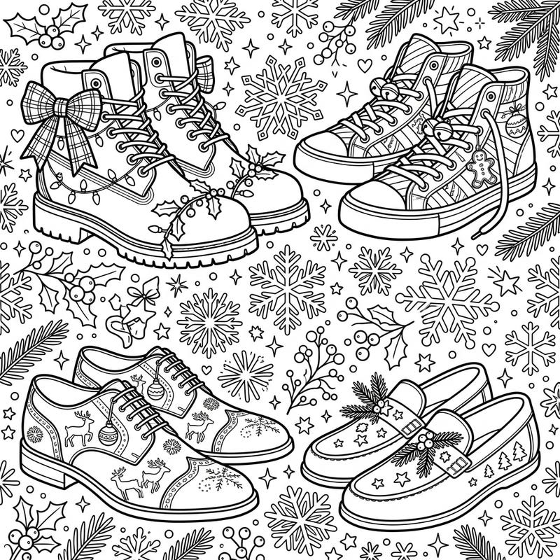 Get ready to color a unique collection of men's footwear, all decked out for the holiday season! This festive page features boots, sneakers, and dress shoes adorned with charming Christmas motifs, perfect for spreading cheer.