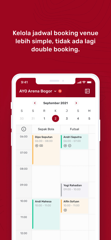 AVM venue management app interface displaying a daily booking calendar for sports courts.