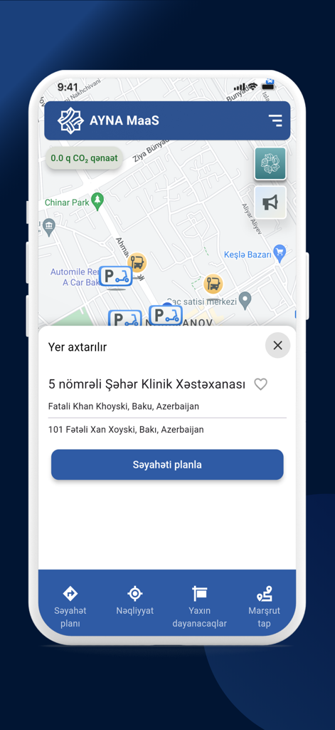 AYNA MaaS - Interfaz de la aplicación AYNA MaaS que muestra un mapa con iconos de patinetes y una herramienta de planificación de viajes