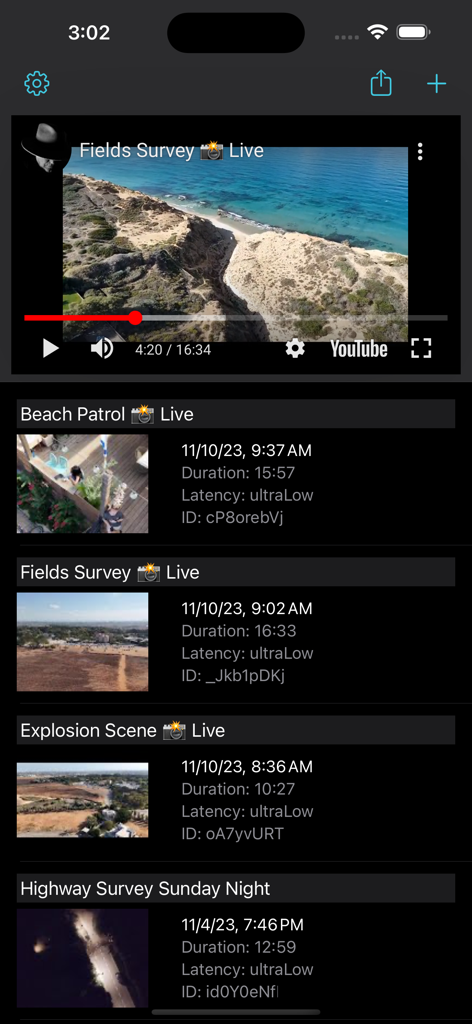 FlyLive app interface showing a list of past drone live streams with video thumbnails, titles, and flight duration statistics