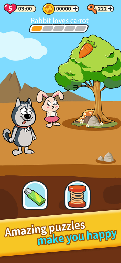 Husky Mind - Un livello rompicapo nell'app Husky Mind con un husky e un coniglio che cercano di prendere una carota da un albero