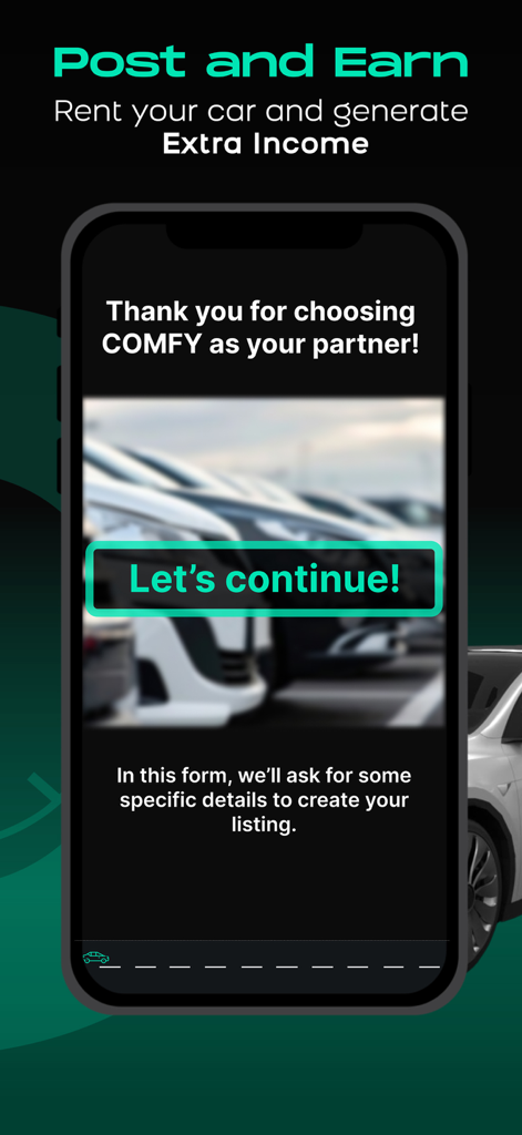 Comfy-App-Bildschirm, der zeigt, wie Sie Ihr Auto vermieten und zusätzliches Einkommen erzielen können