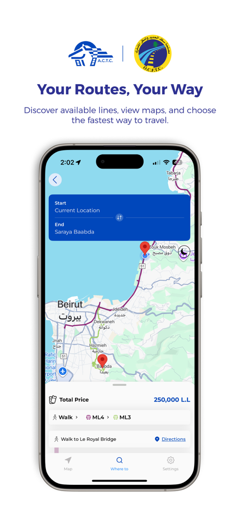 ACTC PT mobile app showing a bus route on a map in Lebanon with price and transit details