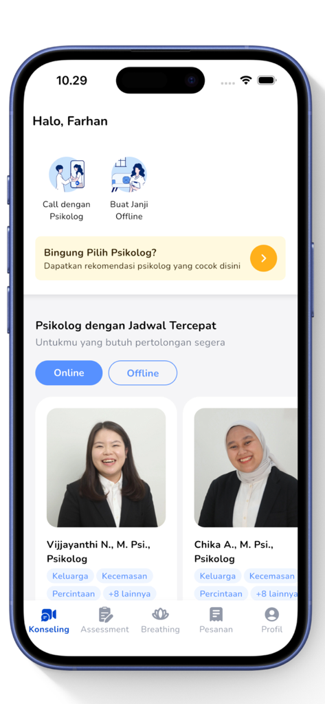 Bicarakan - Psikolog Indonesia - Interfaz de usuario de la aplicación Bicarakan que muestra una lista de psicólogos indonesios licenciados disponibles para consejería.