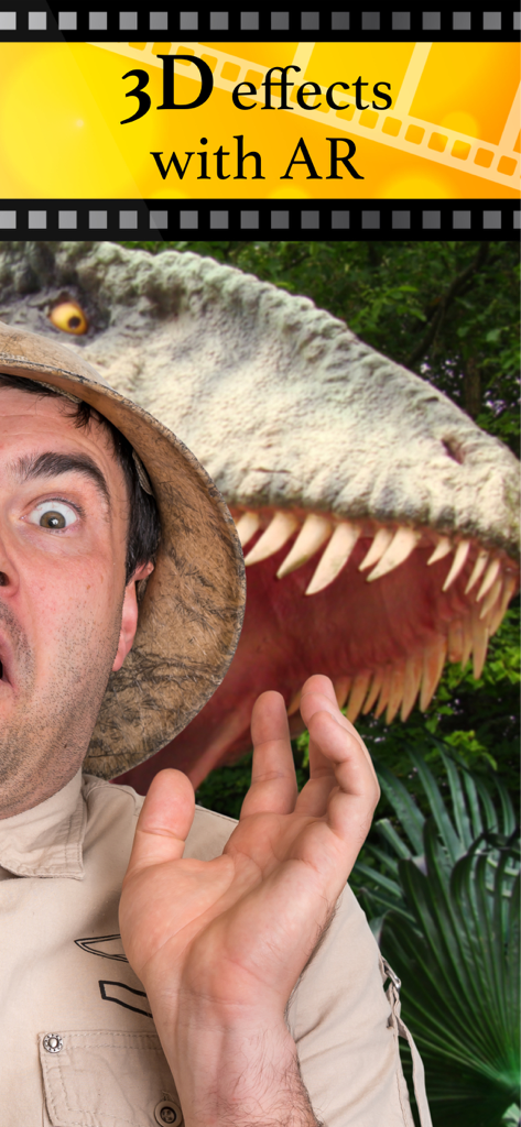 Jurassic AR Camera 3D Glasses - サファリ風の衣装を着た男性が、背後に現れた3D拡張現実恐竜に驚いている様子