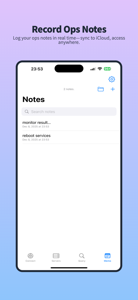 Server360 App-Oberfläche mit operativen Hinweisen und Serverwartungsprotokollen.