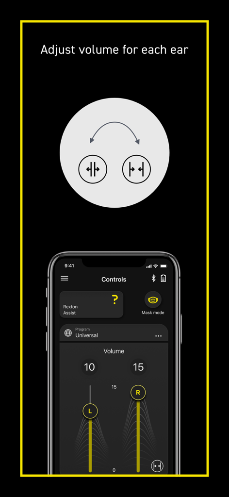 Rexton App - Screenshot of the Rexton app showing separate volume adjustment sliders for the left and right hearing aids