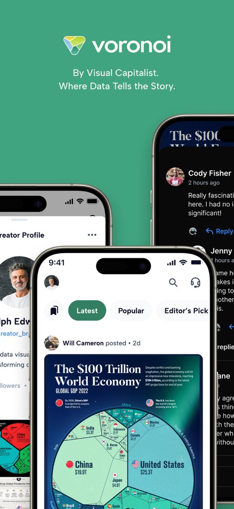 Voronoi 앱 인터페이스에 세계 경제 인포그래픽과 데이터 시각 자료의 소셜 피드가 표시됨