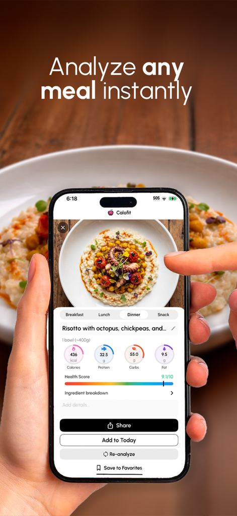 Calofit - AI Food Tracker - A smartphone using Calofit AI camera to instantly analyze a risotto meal and display nutritional macros
