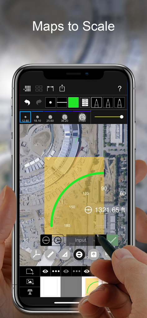 Desenho arquitetônico em um mapa aéreo em escala usando Morpholio Trace em um iPhone