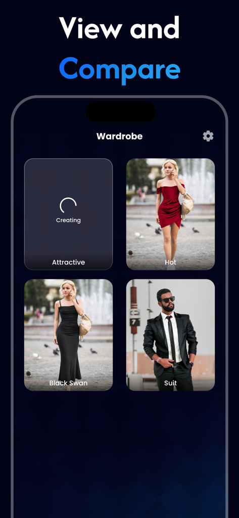 Interface of the AI Clothes Changer app showing a virtual wardrobe with diverse outfit choices including dresses and suits.